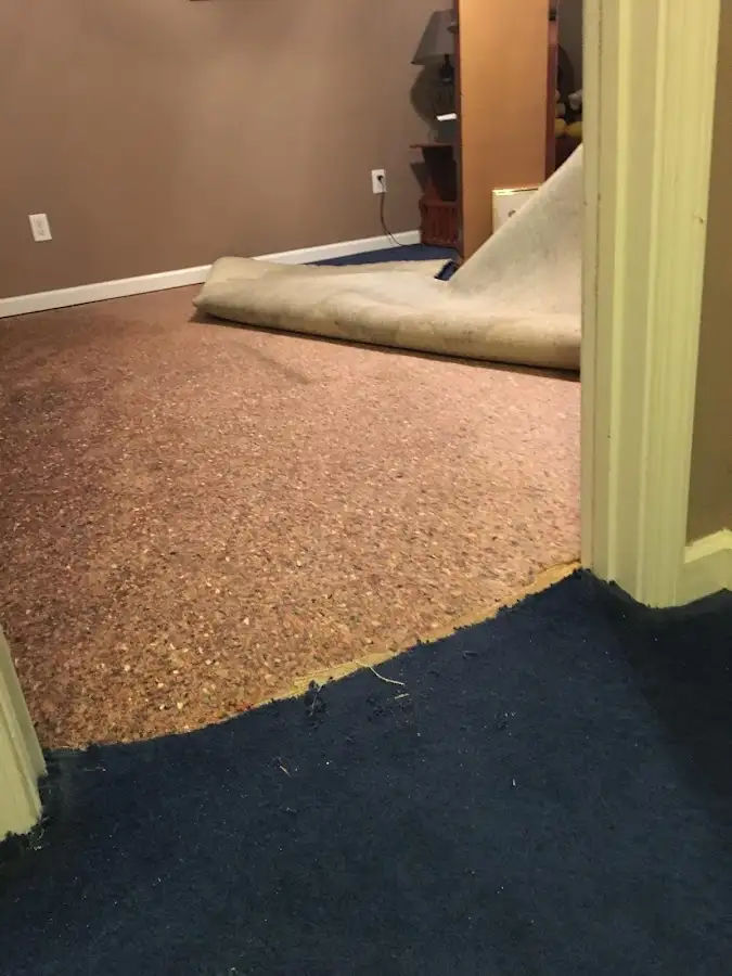 Carpet pad removal revealing water damage during Water Mitigation Services in Stillwater